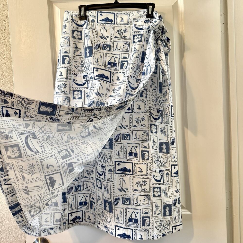 MABLE Womens Medium Wrap Midi Skirt Blue White Tropical Nautical Beach Vacation - Picture 4 of 15